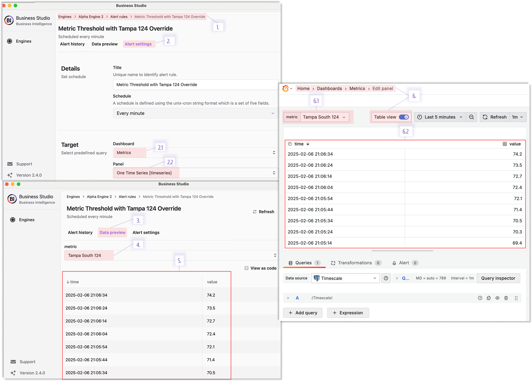 Data preview page to review Grafana data frames in the Business Studio.