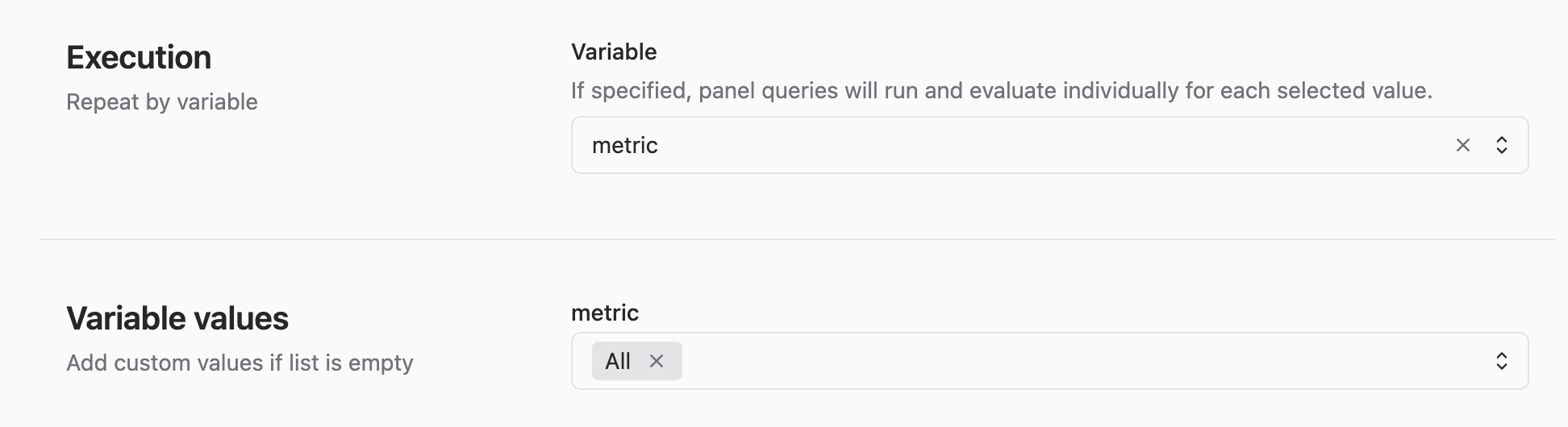 Sections Execution and Variable values appear when the selected dashboard has Grafana's dashboard variables.