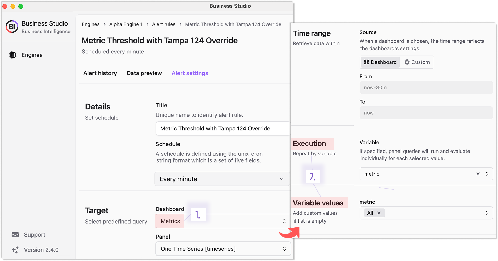 The Execution and Variable values sections appear if the specified Target->Dashboard contains dashboard variables.