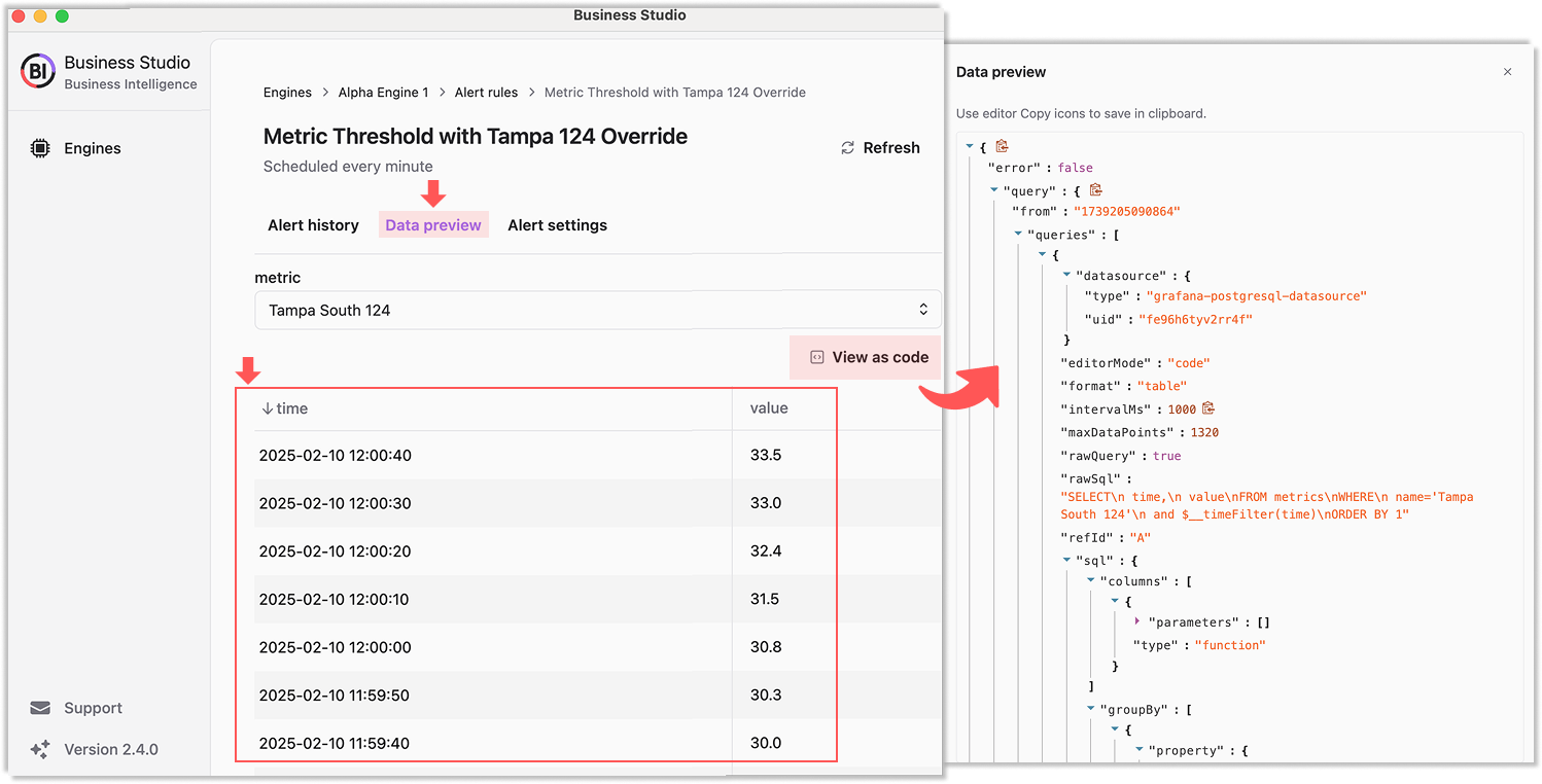 The data preview page to review the Grafana data frame.