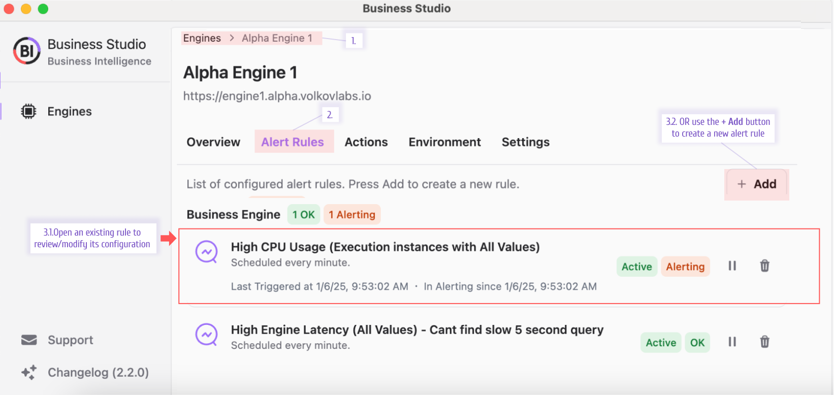 How to open an alert rule to review/modification or create a new alert rule.