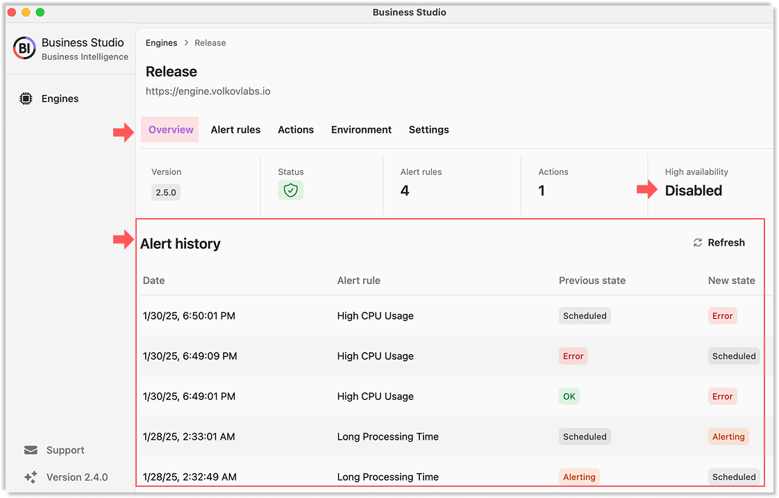 A Business Engine Overview tab with Alert History.