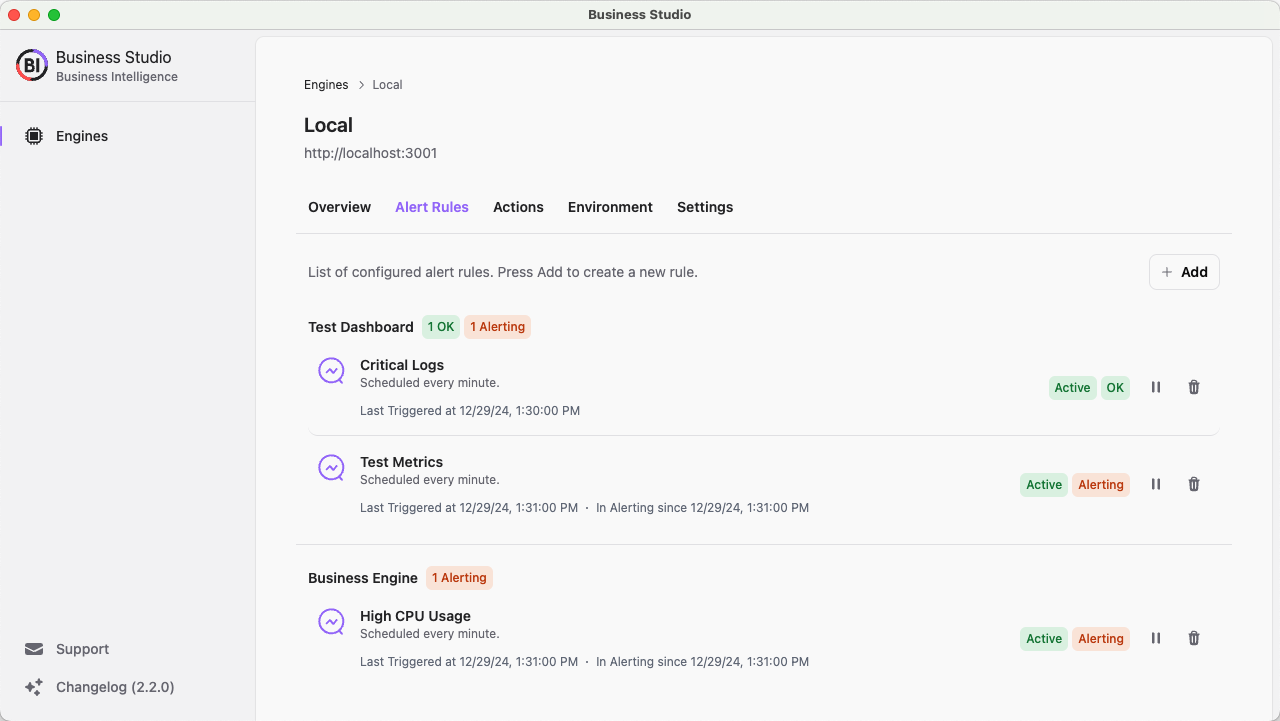 Alert Rules configured in Business Engine running on localhost using Business Studio.