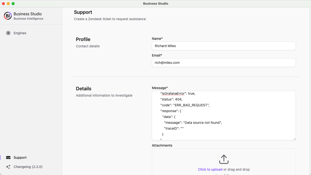 Create a Zendesk ticket to request assistance from Business Studio.