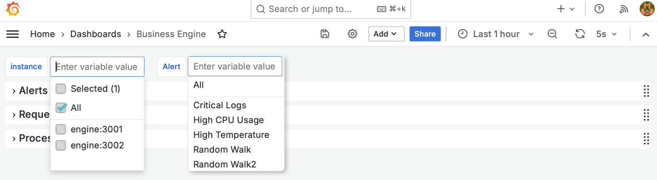 Two dashboard variables on the Business Engine dashboard.