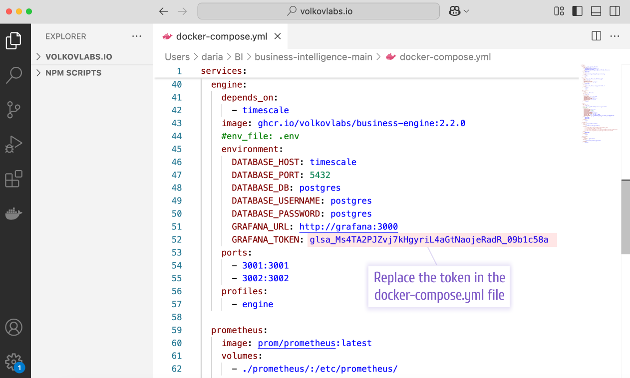 Update GRAFANA_TOKEN in the docker-compose.yml file.