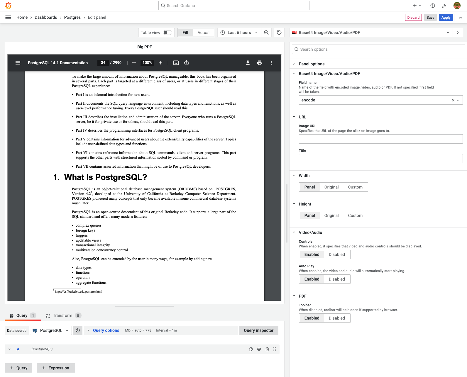 Large PDF document retrieved from a PostgreSQL database and displayed in Grafana.