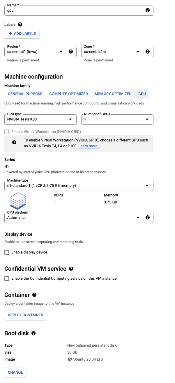 Creating a new Google Cloud instance with NVIDIA Tesla K80 GPU.