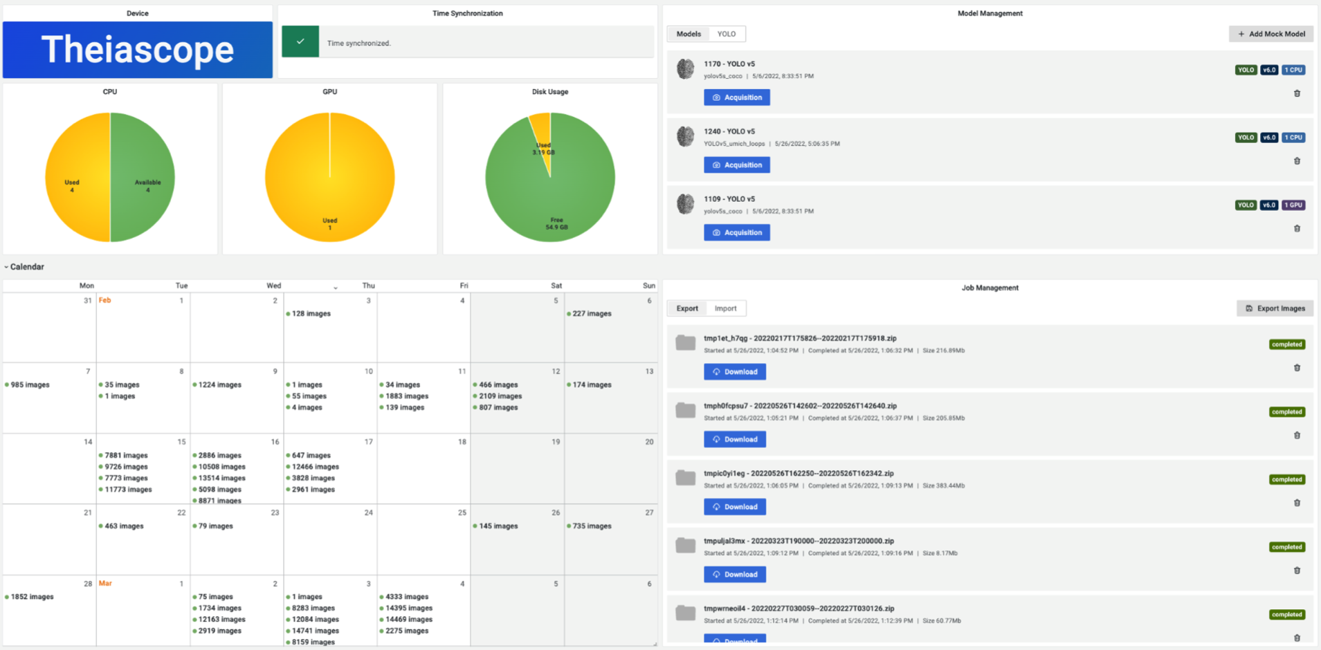 The home dashboard of the Theiascope™ application includes Model and Job Management panels.