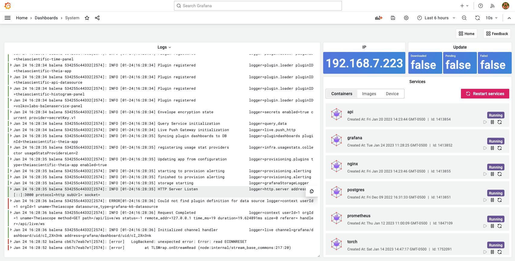 Grafana dashboard allows managing running services and displaying device configuration.