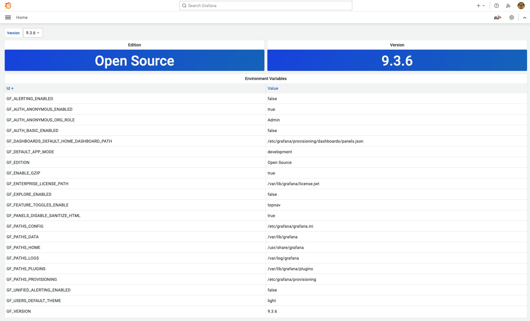 The listing of all environment variables displayed in Grafana via the Environment data source.