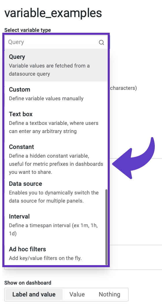 Types of Grafana dashboard variables.