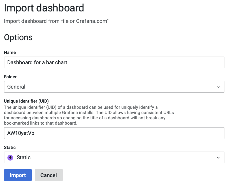 Provide Name and datasource in the import menu window.