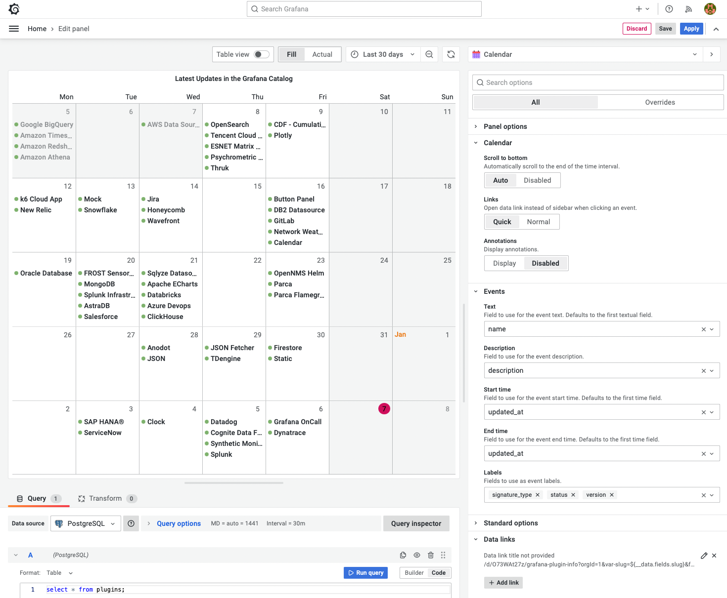 Calendar Panel displays the latest updates in the Grafana Plugins catalog.