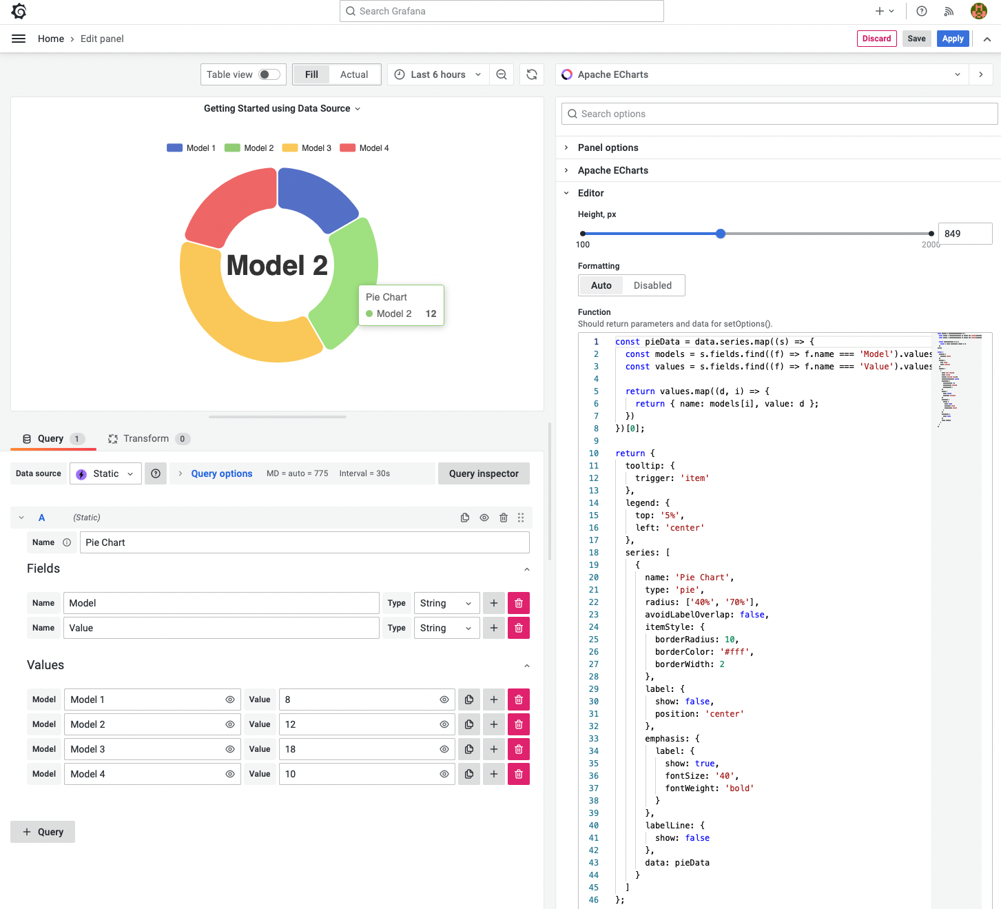 Apache ECharts visualizes a pie chart from a static data source.