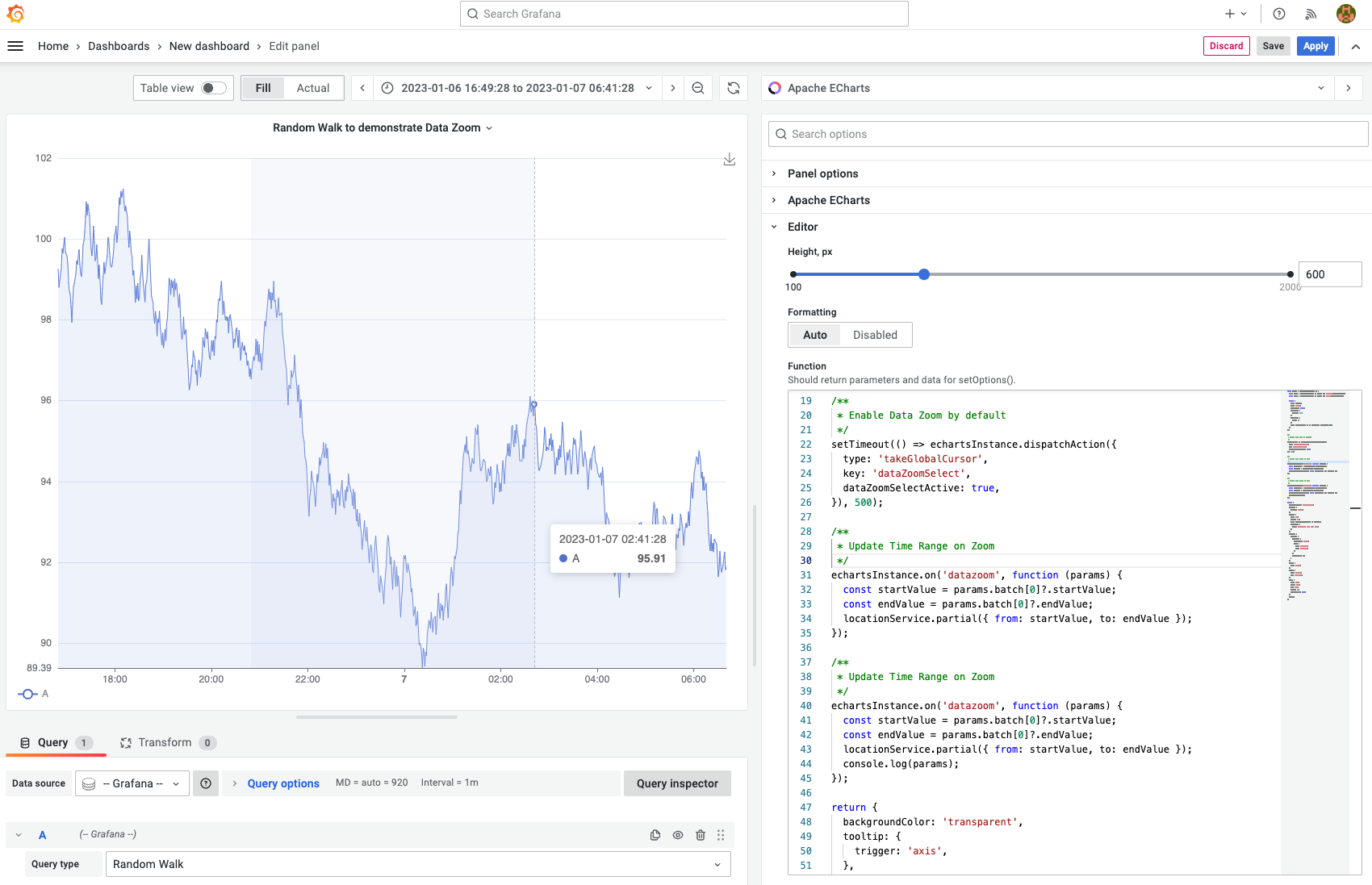 In the Random Walk example, the Data Zoom feature allows you to zoom in a temporal time range within the defined range.