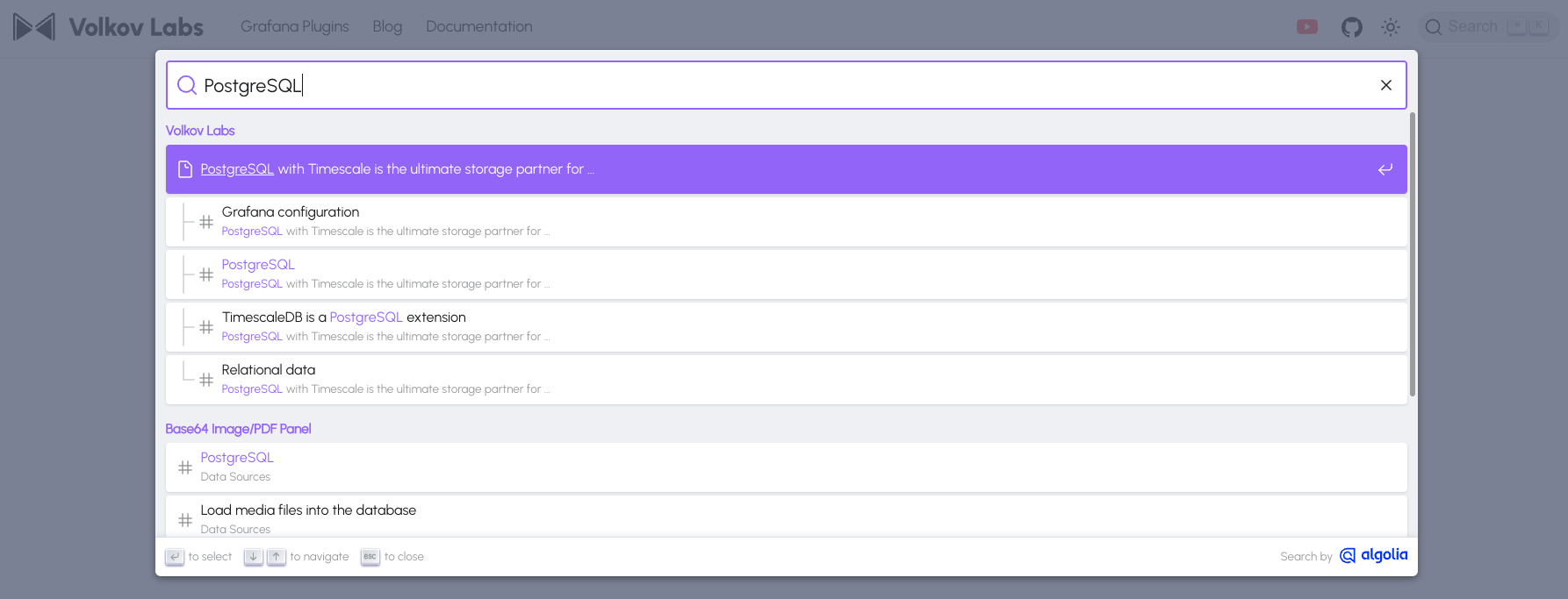 Searching for PostgreSQL across documentation and blog posts.