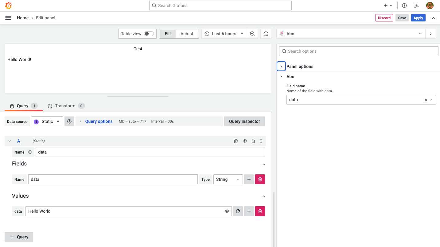 The Abc panel uses Static Data Source to display value from the field.