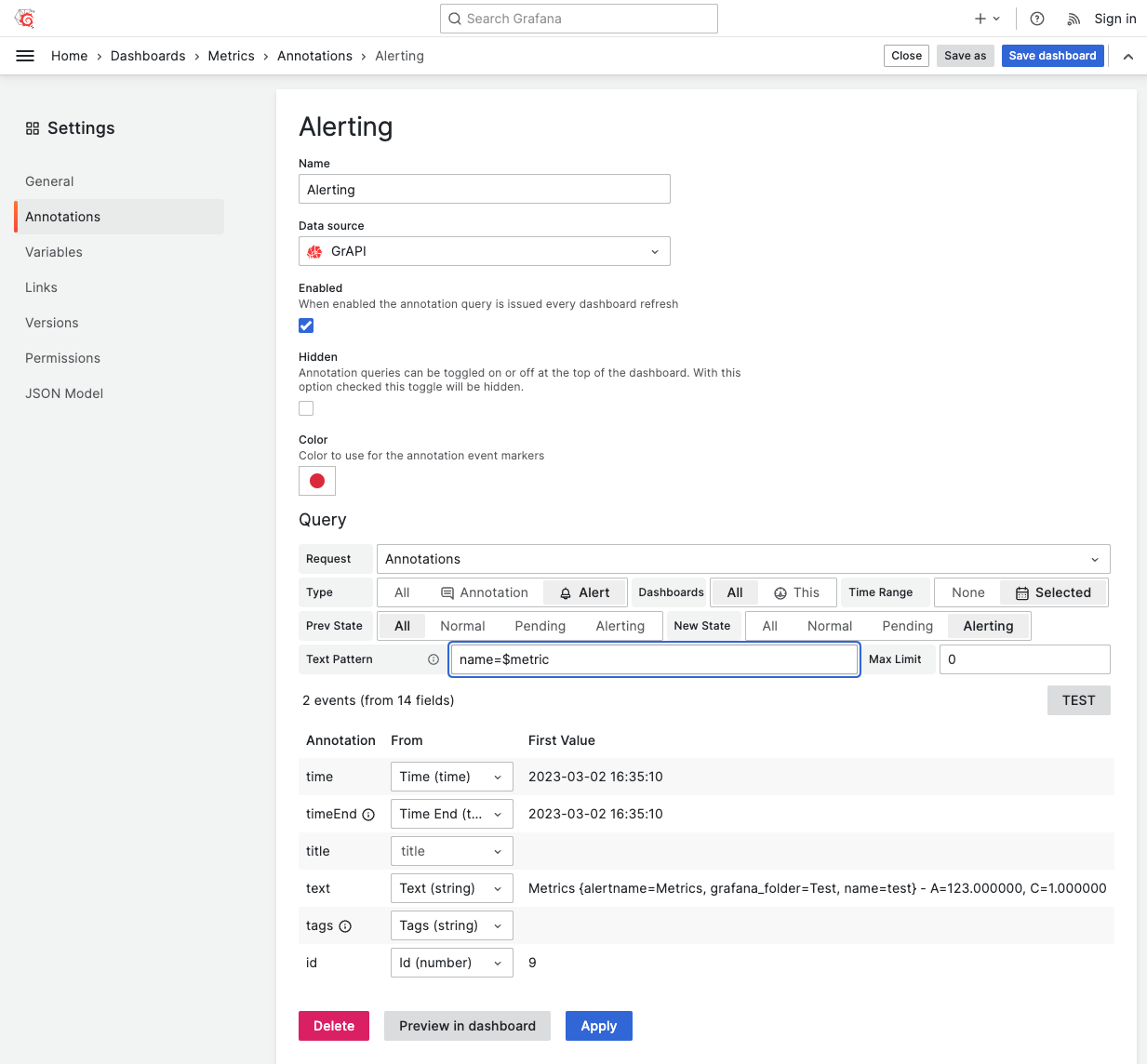 Dashboard annotations use Business Satellite Data Source to retrieve Alerting annotations filtered with text pattern.