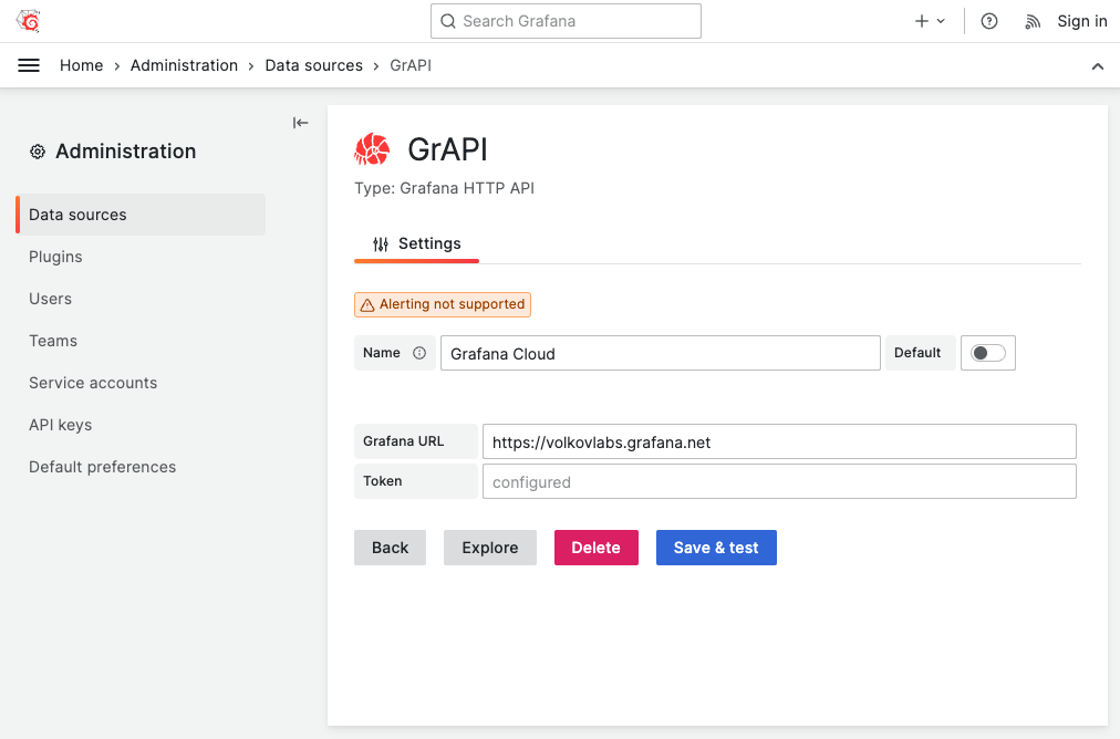 Business Satellite Data Source allows to connect to Grafana Cloud instances.