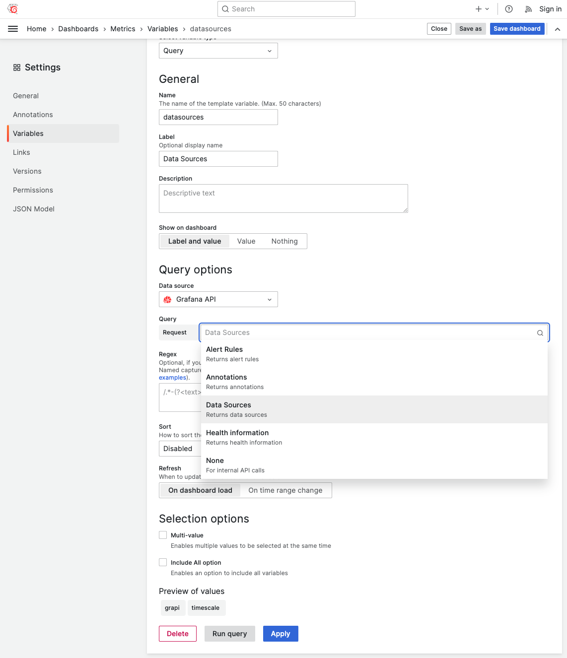 Grafana HTTP API Data Source can be used for Dashboard Variables.