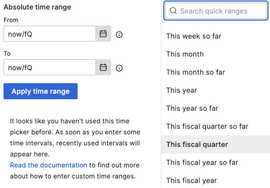 Grafana allows to select configurable fiscal quarter.