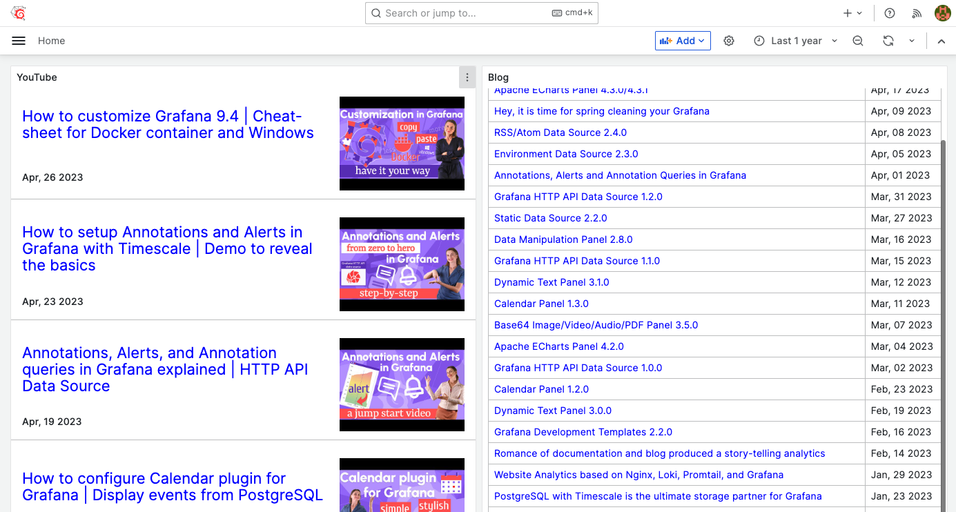 Home dashboard with RSS feeds from YouTube channel and blog.