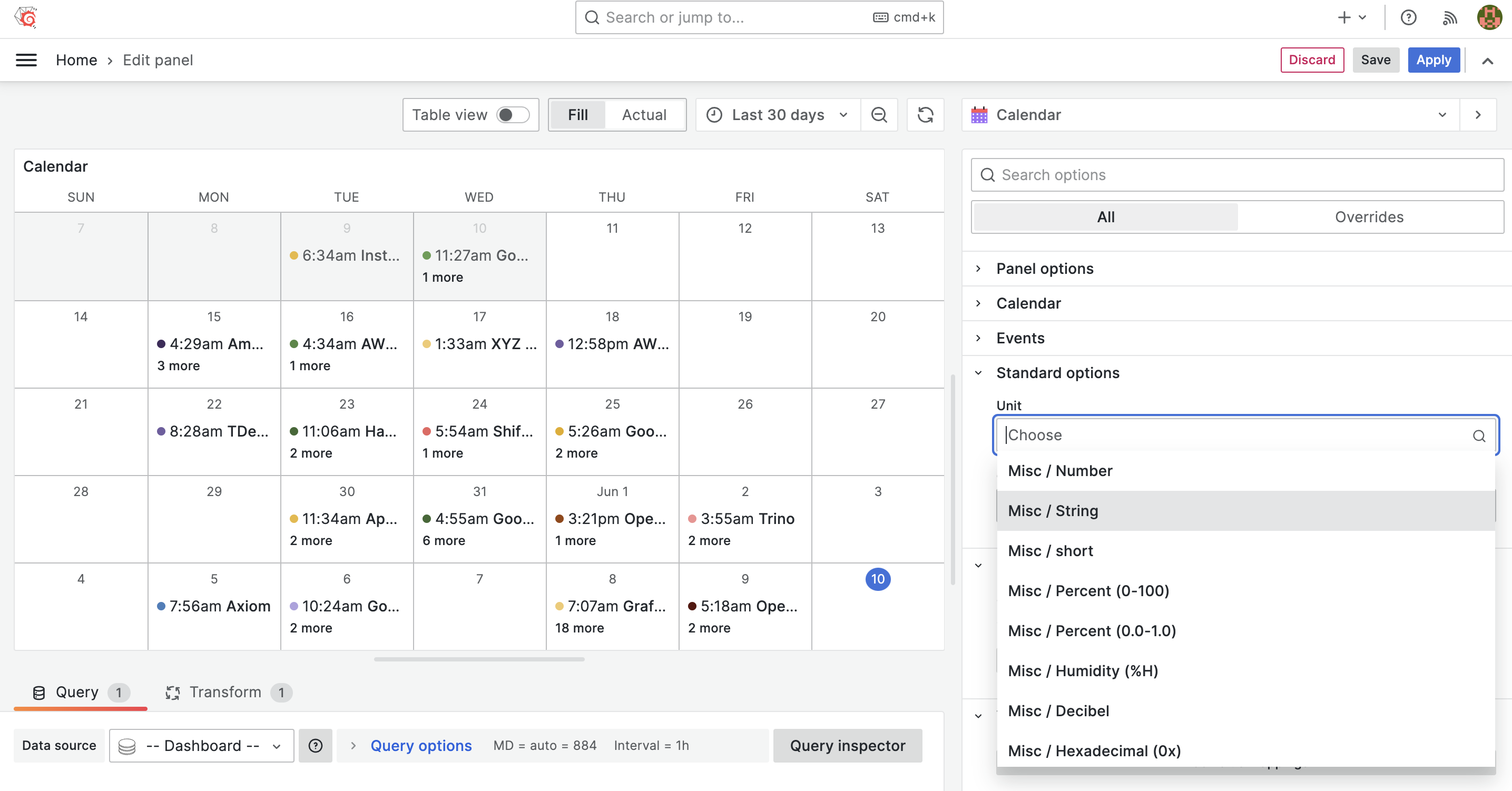 Units, value mappings, and overrides are supported in Calendar Panel.