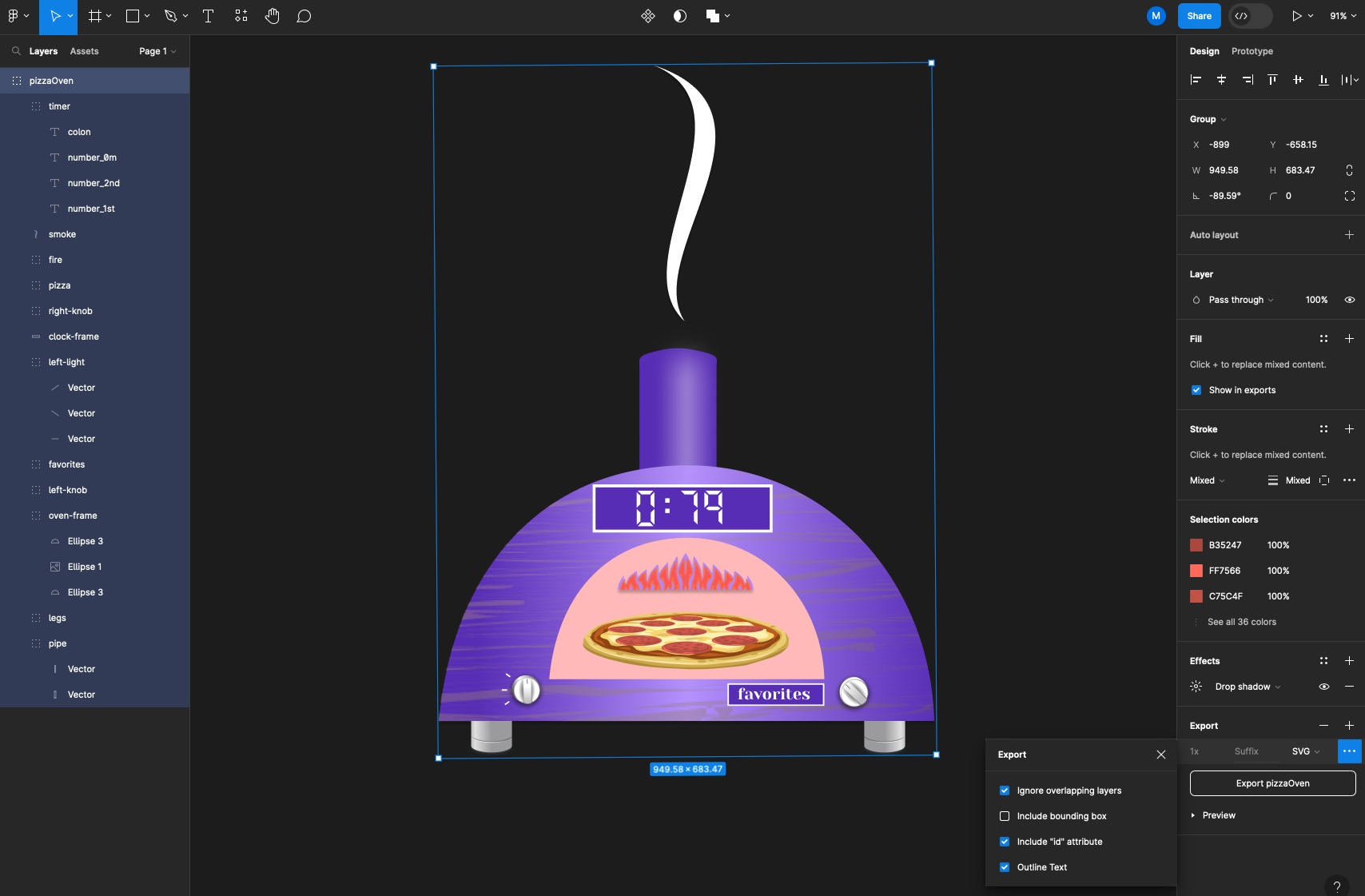 Pizza oven was exported as transparent SVG with id attribute to identify layers.