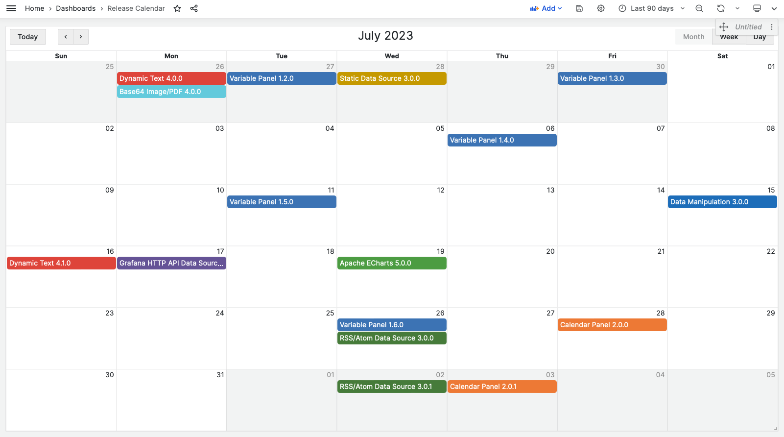 Calendar Panel displays Volkov Labs' releases in July 2023.