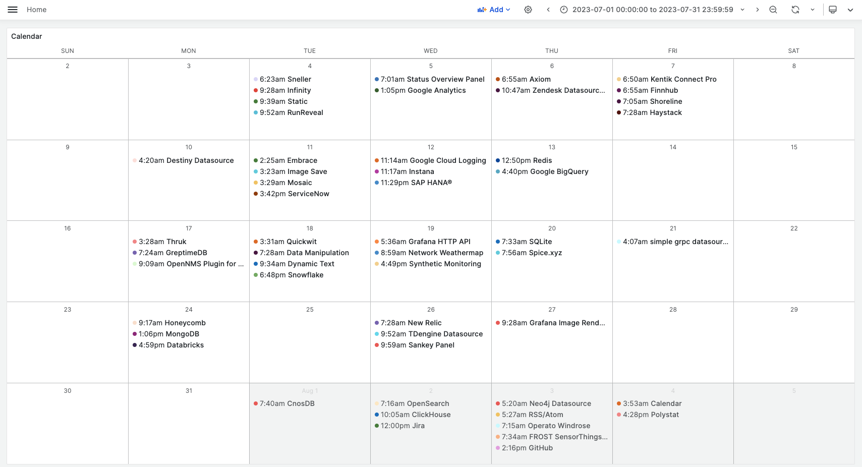 Calendar Panel displays Grafana plugins updated in July 2023.