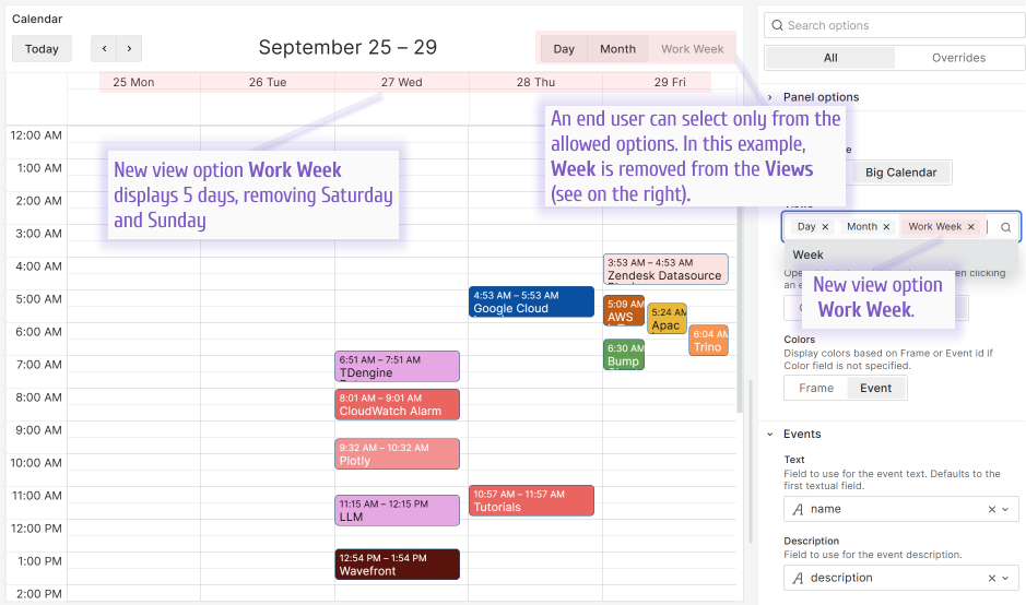 Work week is a new view for the Calendar panel available for Big Calendar type only