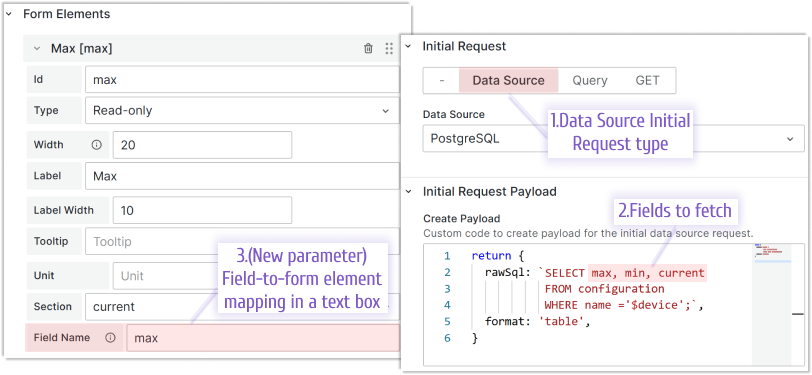 Explicitly specify the field-to-form element mapping for Data Source using a new parameter.