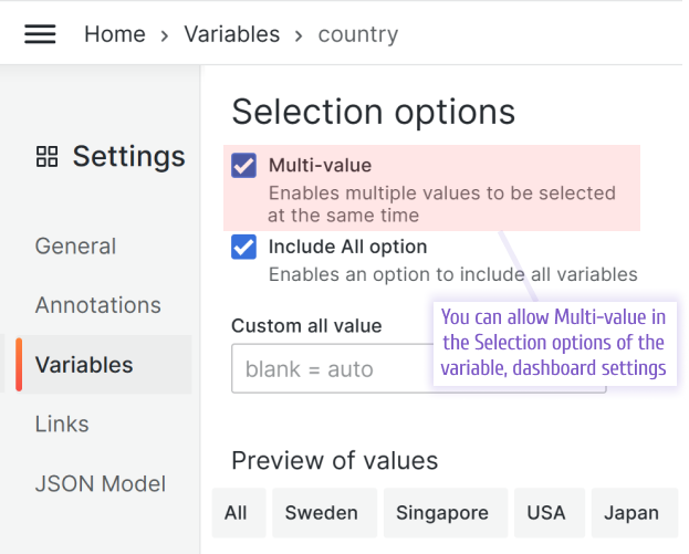 Multi-value setting for dashboard variables.