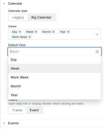 The default view of the Calendar panel is a new option.