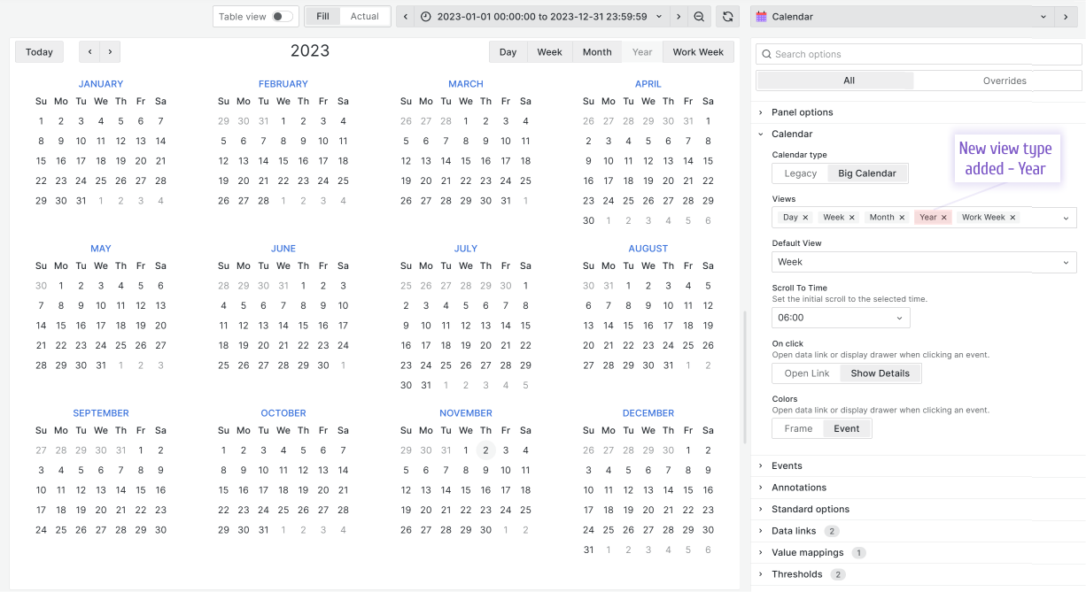 The Year view of the Calendar panel.