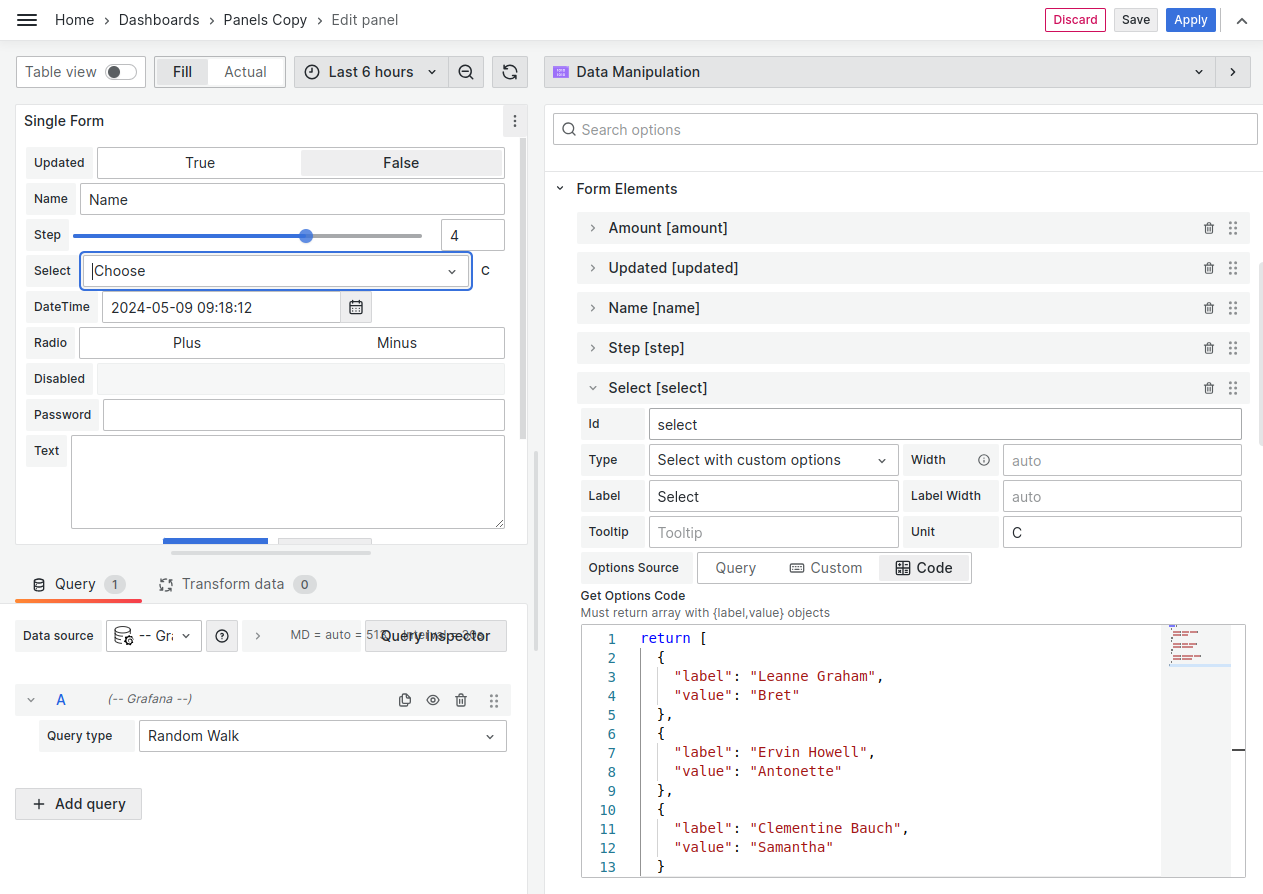 Use hard-coded values from the Get Options Code for your types with select options.