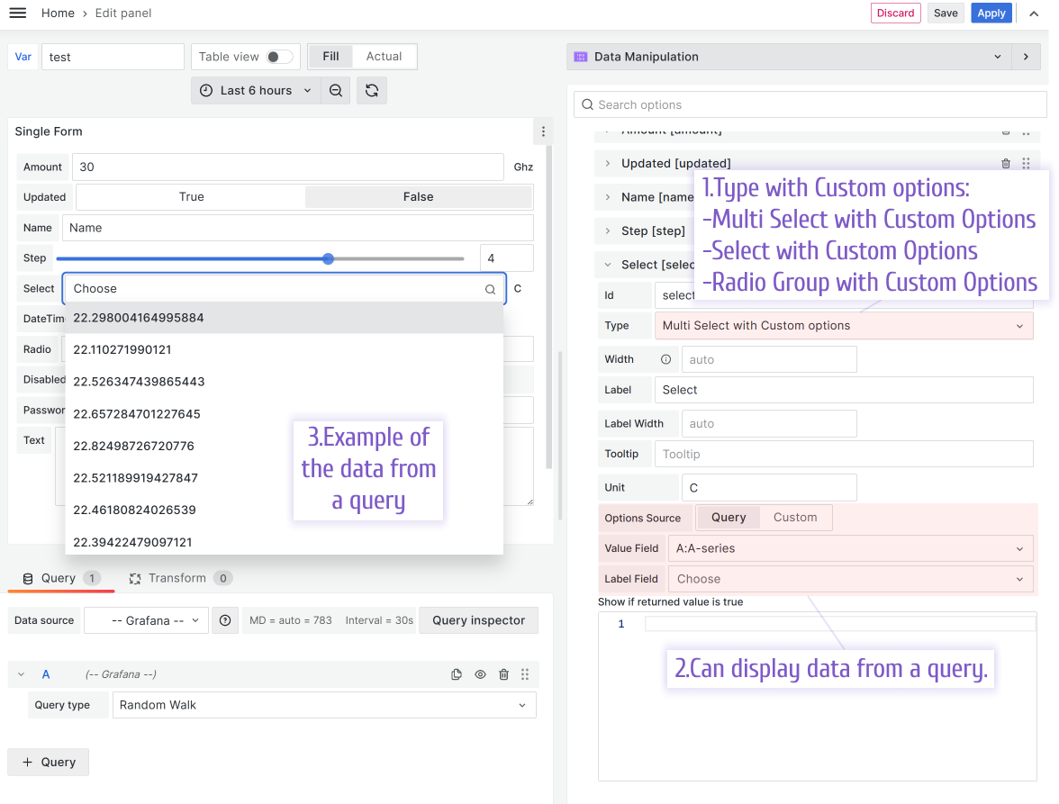 Use values from the query for your types with select options.