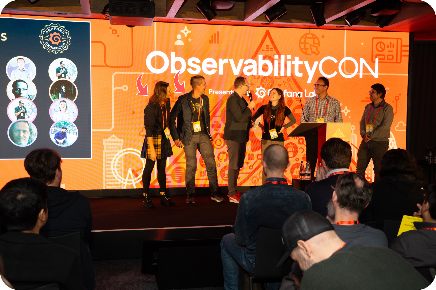 Grafana Champions on the stage of Grafana ObservabilityCon in London.