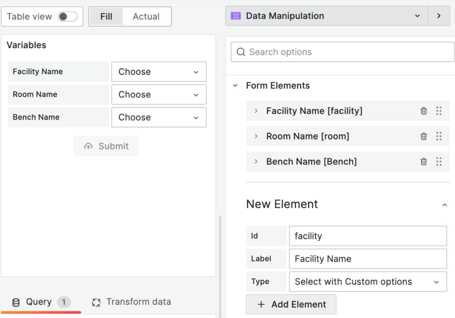Three 'Select with Custom Options' form elements on the dashboard.