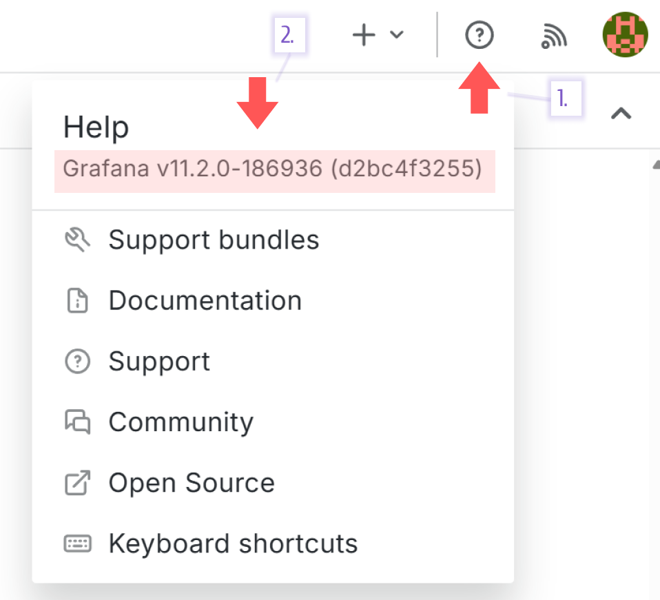 Grafana application name and version in the help menu.