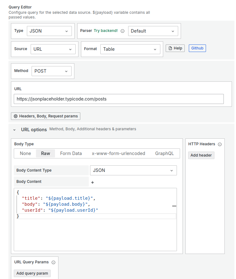 Configuration for Update Request Query Editor.