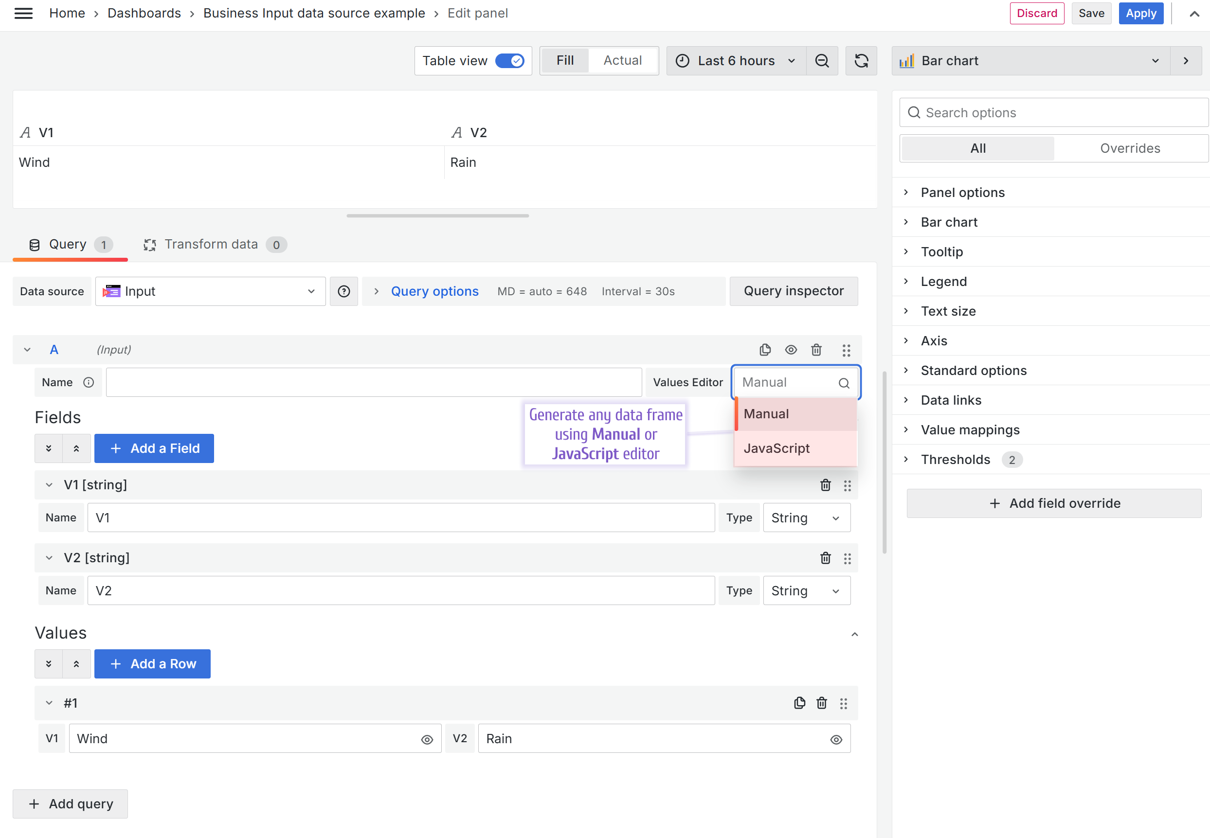 The Business Input data source in the manual mode.