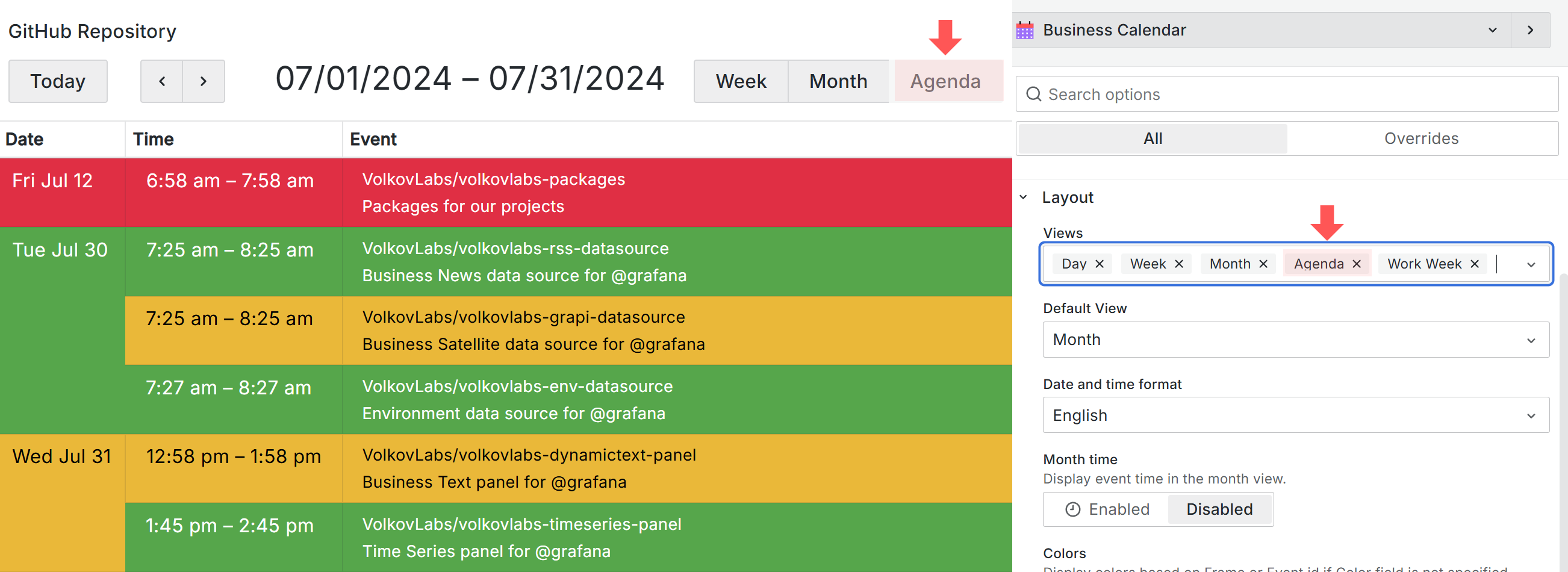 The Business Calendar panel in the Agenda layout with Grafana Thresholds background colors.