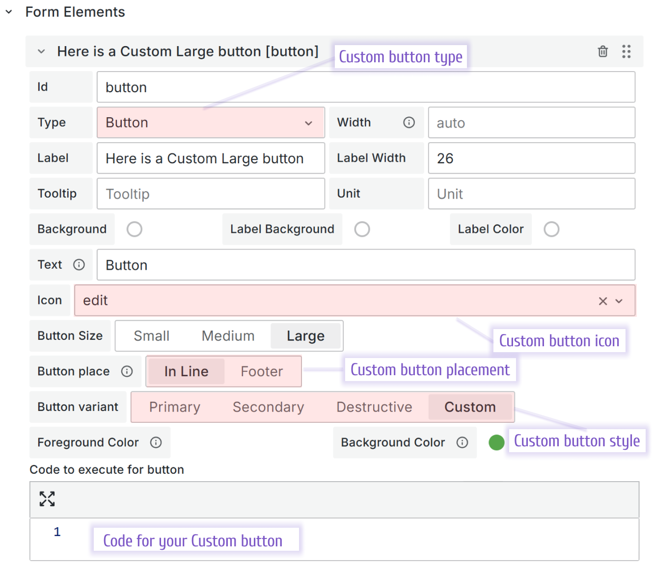 Available options for the Button Form Elements type.