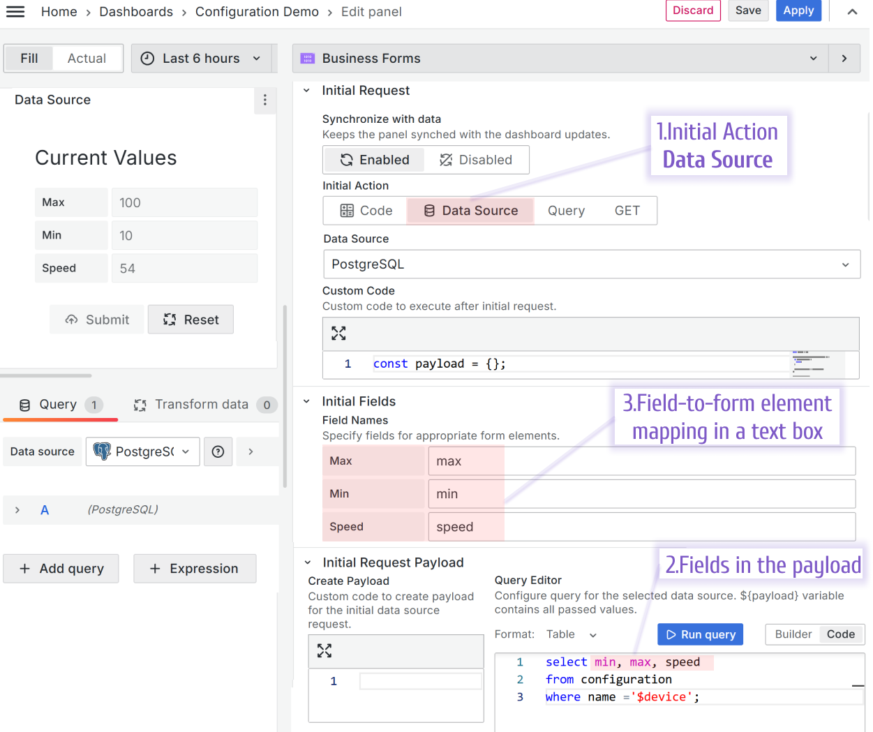 Steps to configure the Initial Request for Data Source. New location of `Field Name` fields.