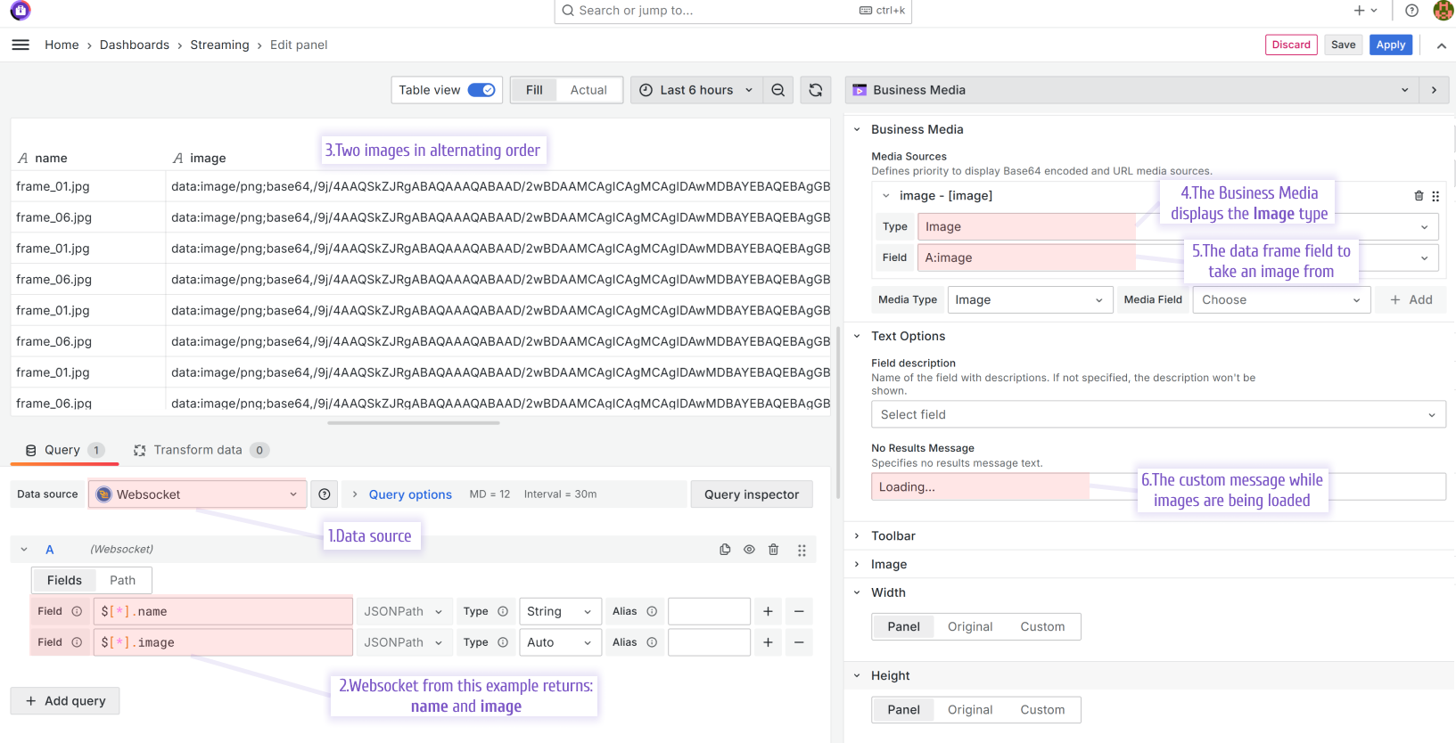 Websocket API configuration for the Business Media panel.