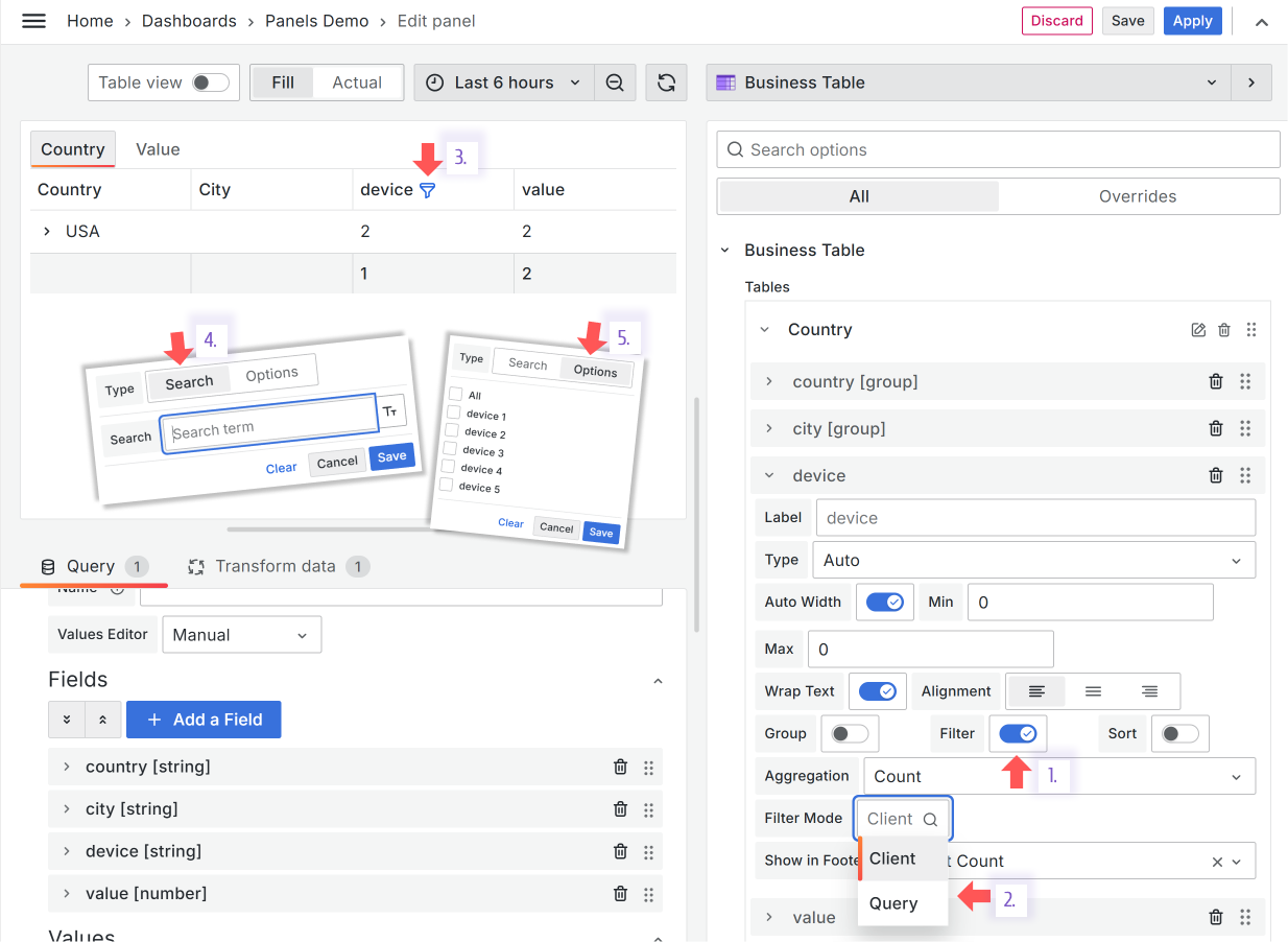 The Client filtering feature of the Business Table panel.