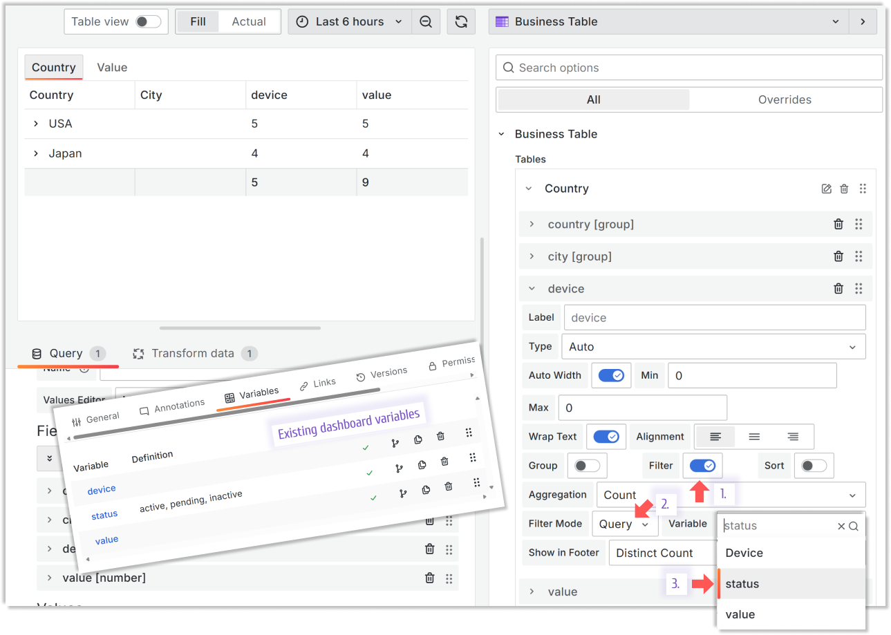 The Query filtering feature of the Business Table panel.