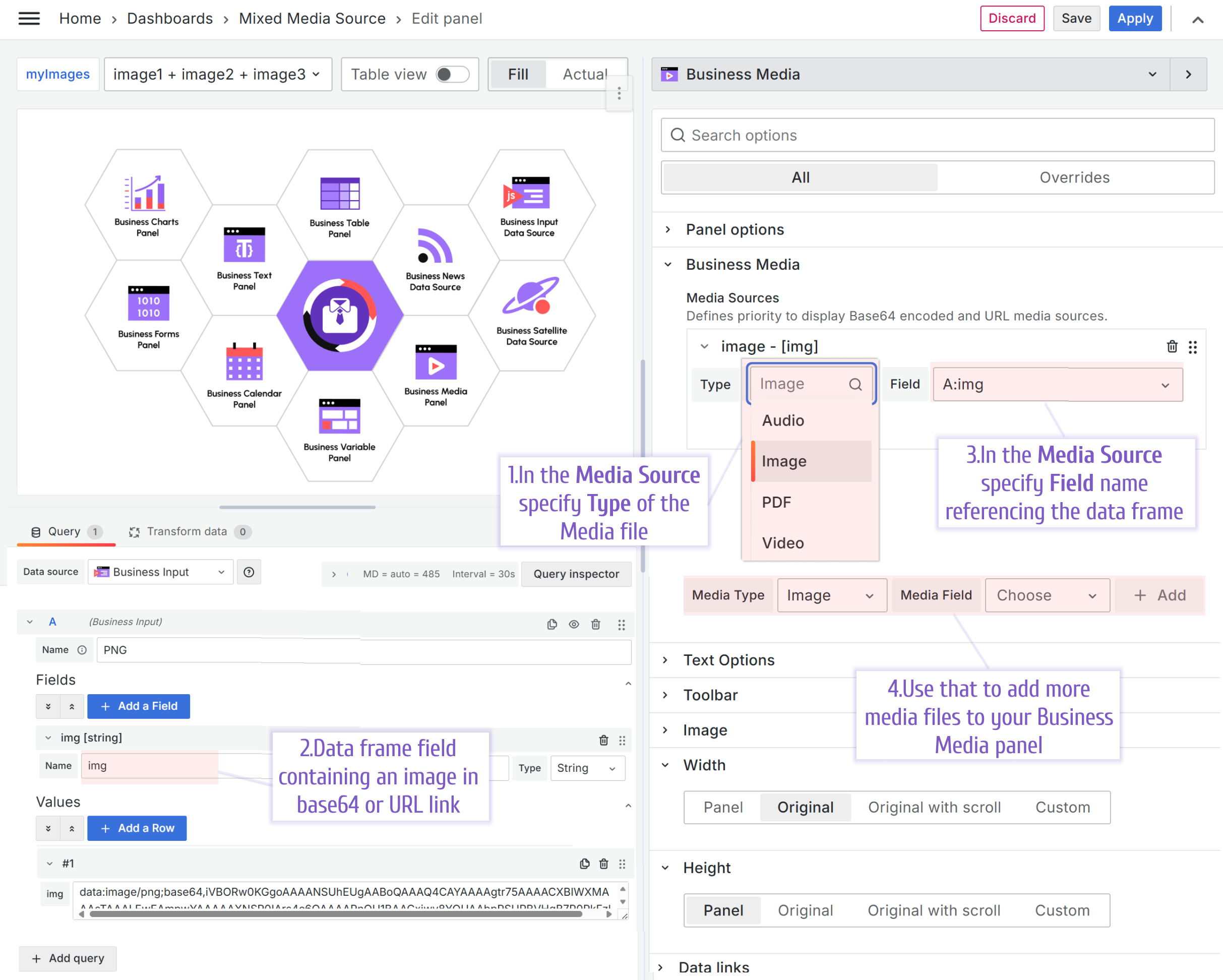 Use type and field parameters to specify what to display on your Business Media panel.